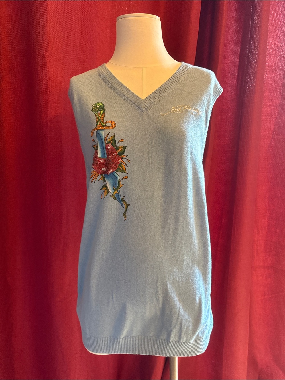 Ed Hardy Blue Sleeveless V-Neck Sweater Vest with Dagger & Heart Graphic, NWT